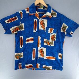 Roundy Bay Hawaiian Shirt Mens Large Blue Woodie Wagon Surfboard‎ Aloha Camp Vtg